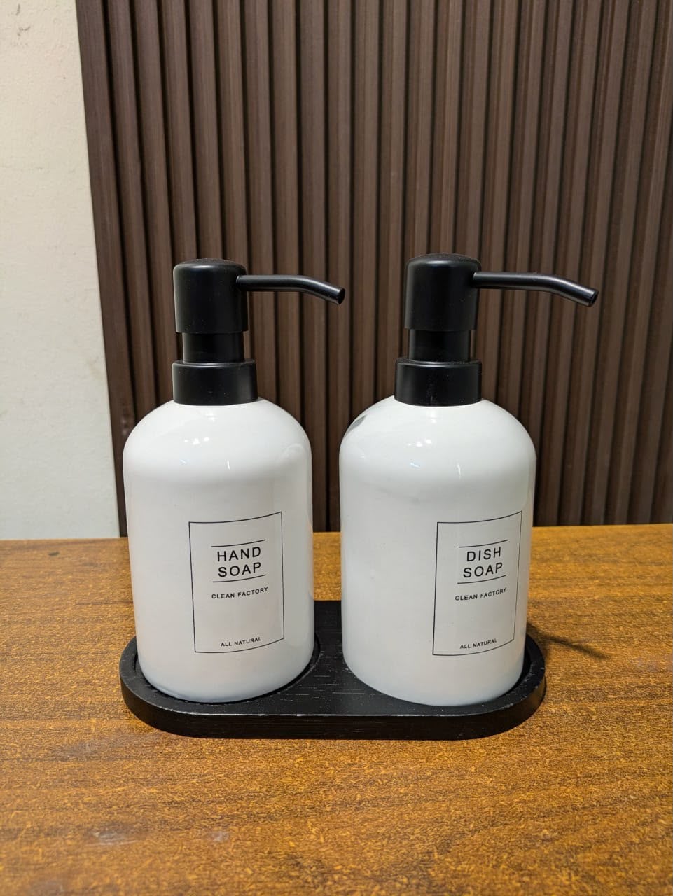 Modern Dual Ceramic Kitchen Soap Dispenser Set with Wooden Base