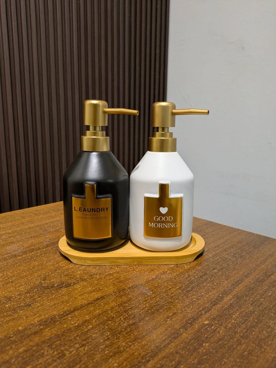 Modern Dual Ceramic Soap Dispenser Set with Wooden Base Tray