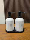 Modern Dual Ceramic Kitchen Soap Dispenser Set with Wooden Base