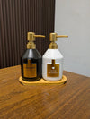 Modern Dual Ceramic Soap Dispenser Set with Wooden Base Tray