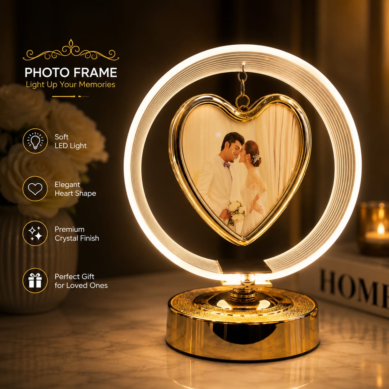 Premium LED Floating Photo Frames - Heart Shape Halo Stand