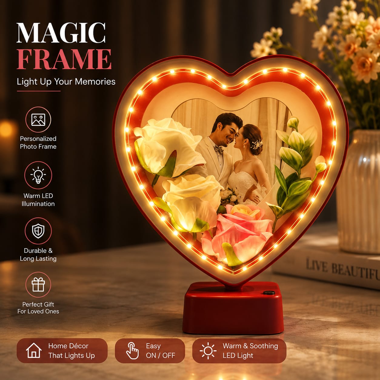 Premium Heart LED Photo Frame: Magic Backlit Mirror Memory Showcase