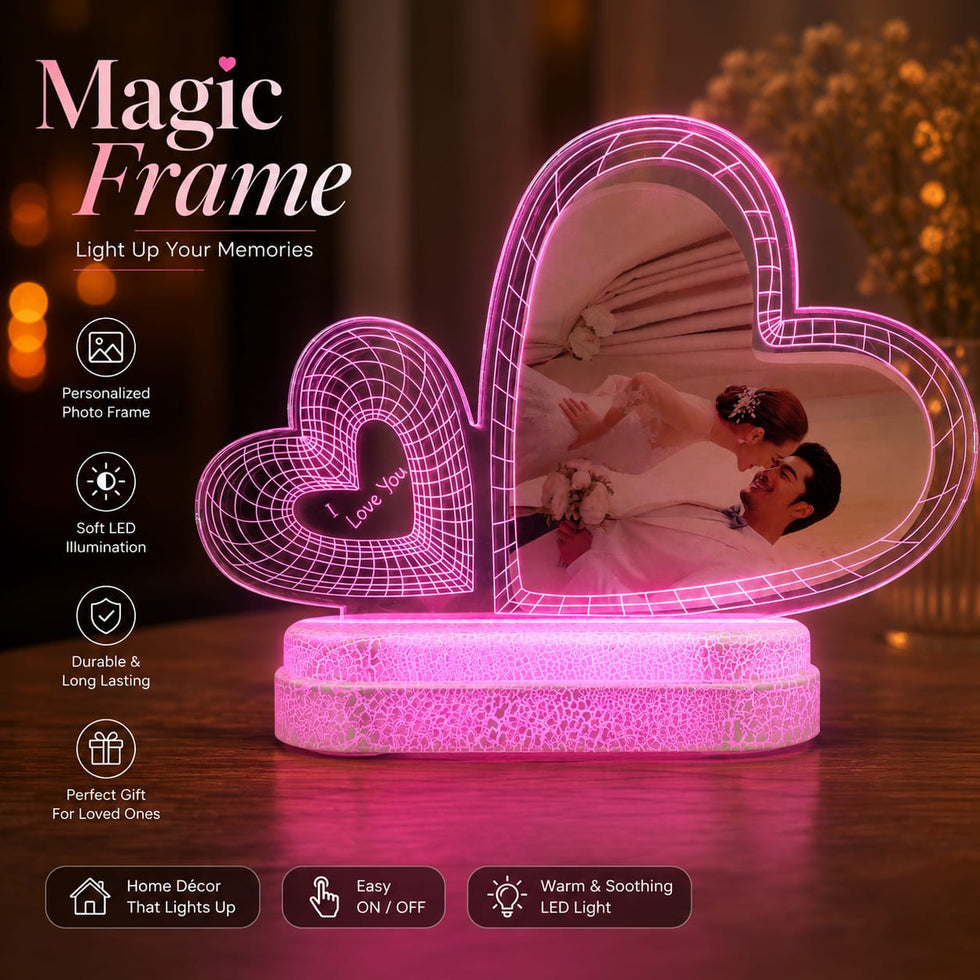 Premium Twin Heart LED Photo Frame - Magic Backlit Mirror Memory Showcase