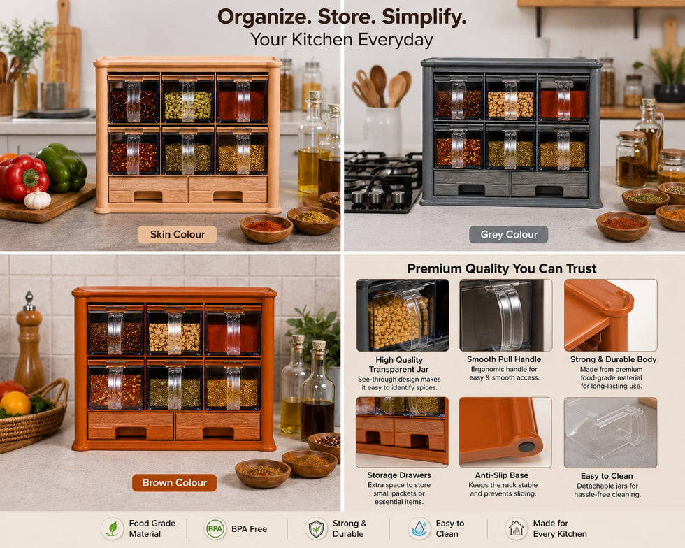 Premium Spice Rack Organizer - 6-Piece Crystal Jar Masala Box Set
