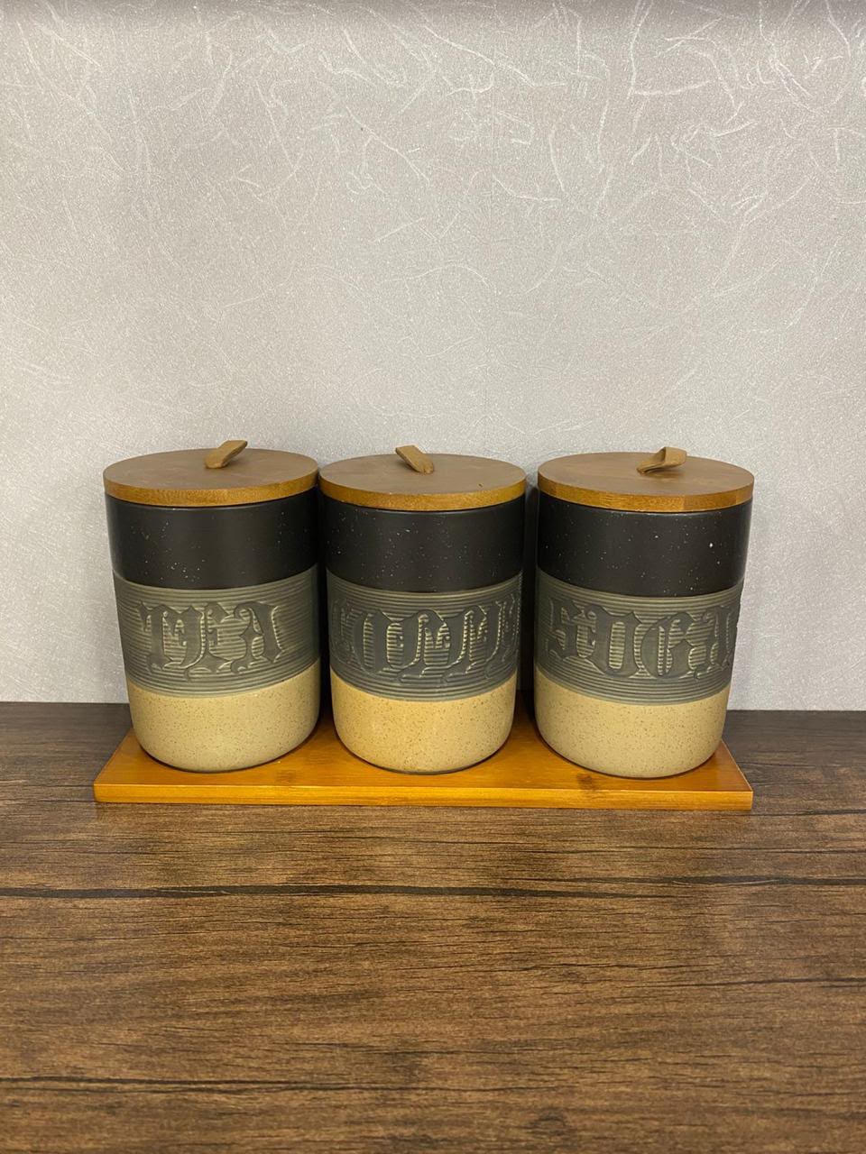 Trio 3-Piece Ceramic Jar Set - Luxury Tea, Sugar & Coffee Canister with Wooden Base