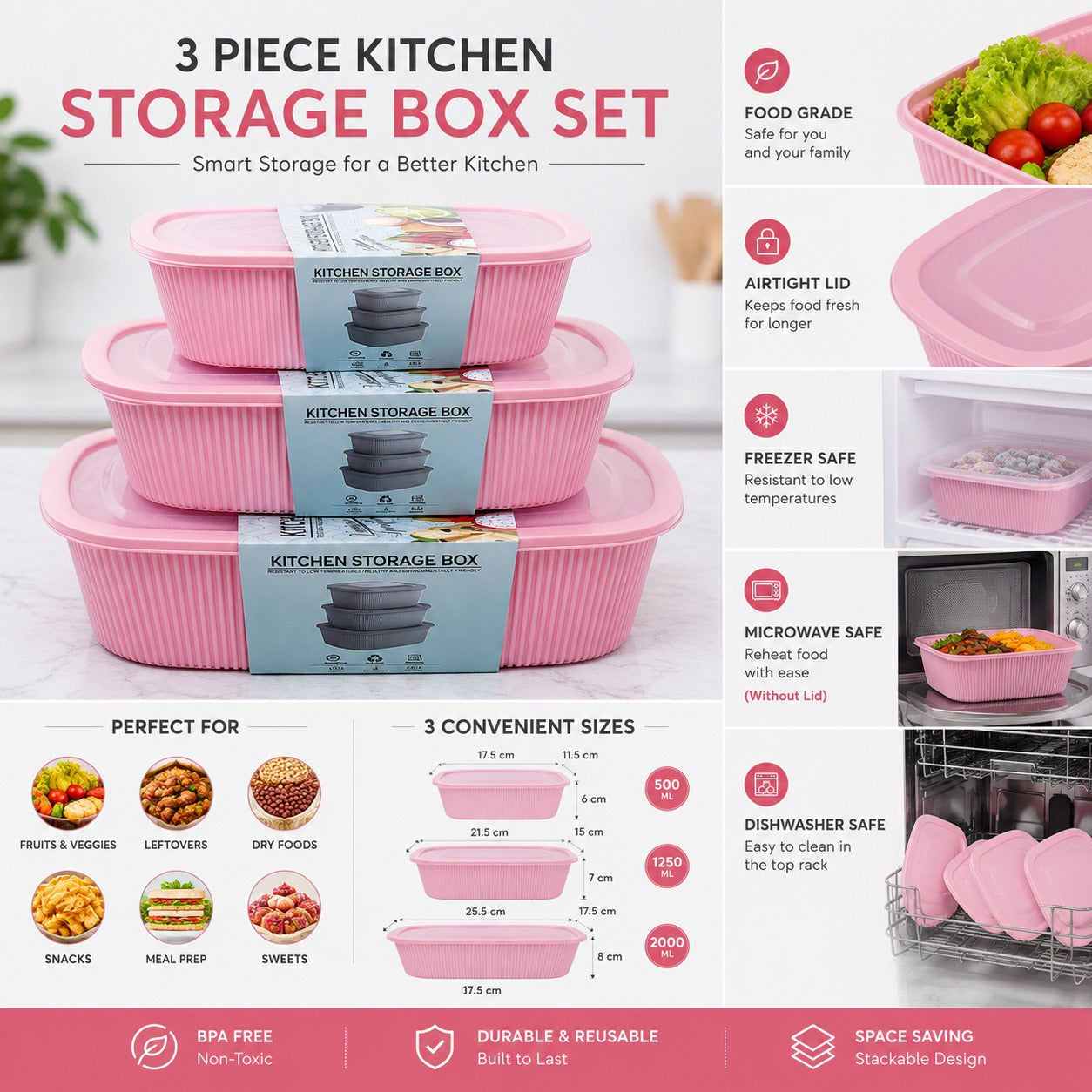 Premium Ribbed Kitchen Storage Box 3 Piece Set