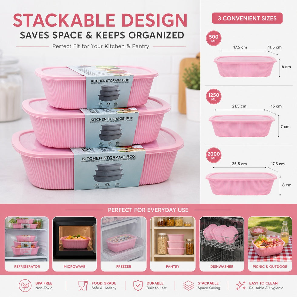 Premium Ribbed Kitchen Storage Box 3 Piece Set