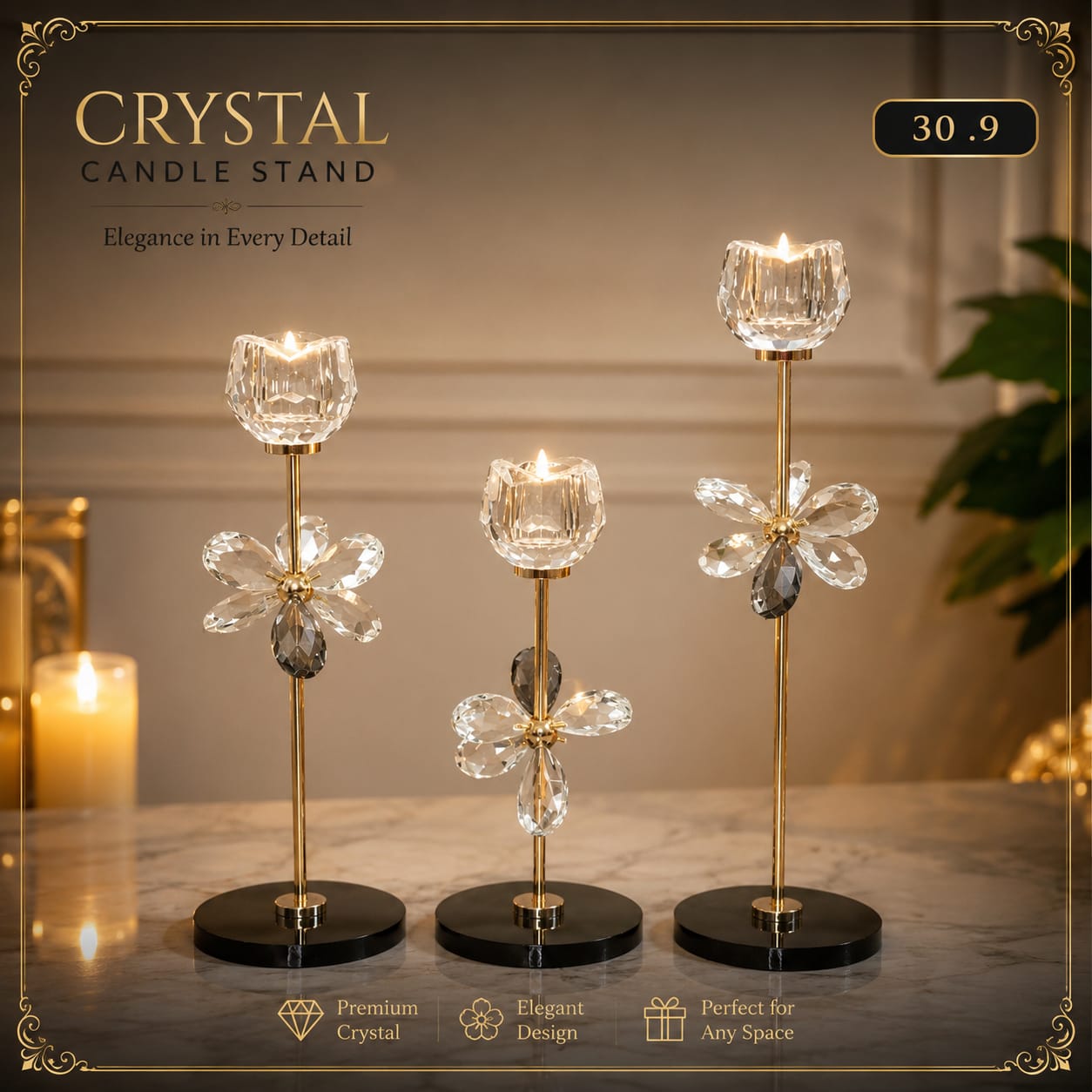 Vintage Imperial 3 Piece Crystal Floral Candle Stand Set