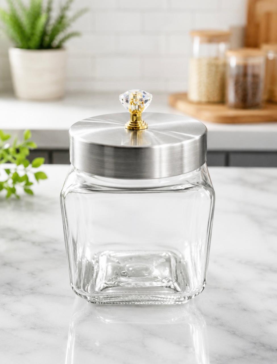 Crystal-Top Glass Canister | Premium Square Storage Jar