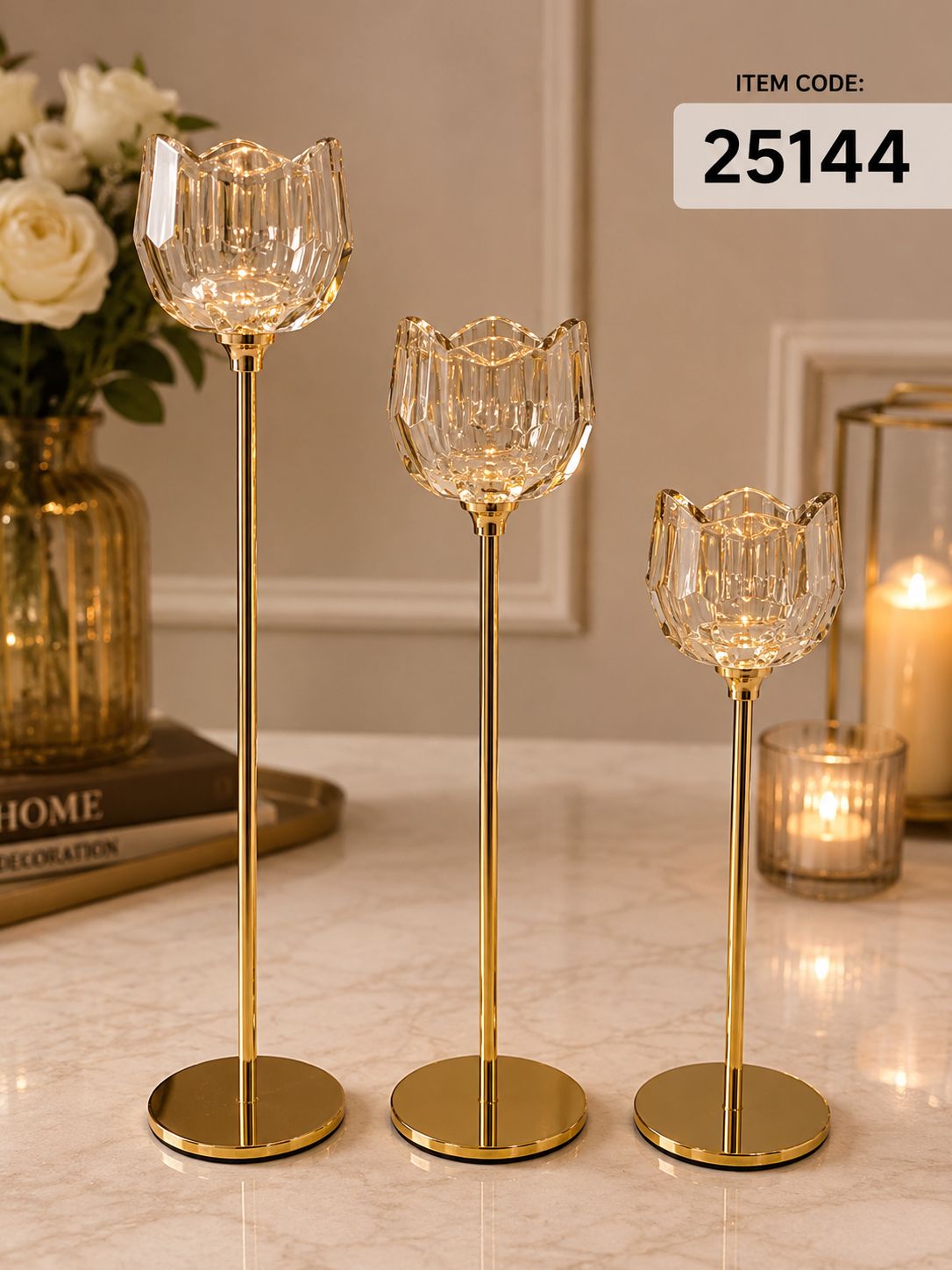 Elegant Crystal Gold Pillar Candle Holder Set