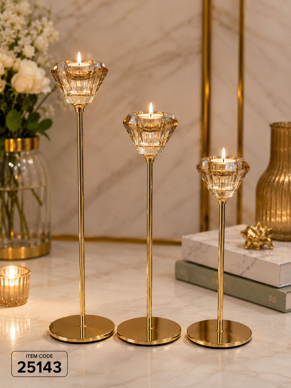 Elegant Crystal Gold Pillar Candle Holder Set