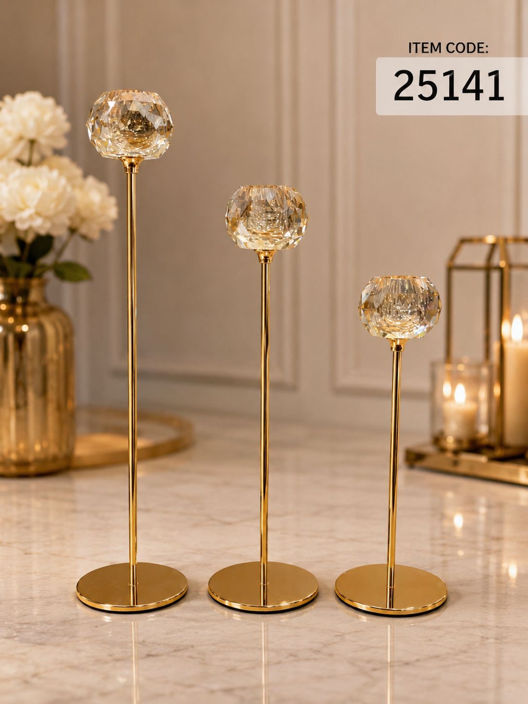 Elegant Crystal Gold Pillar Candle Holder Set
