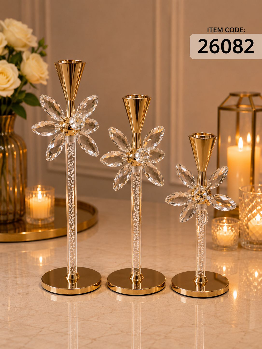 Crystal Flower Gold Taper Candle Stand Set | Elegant Table Centerpiece