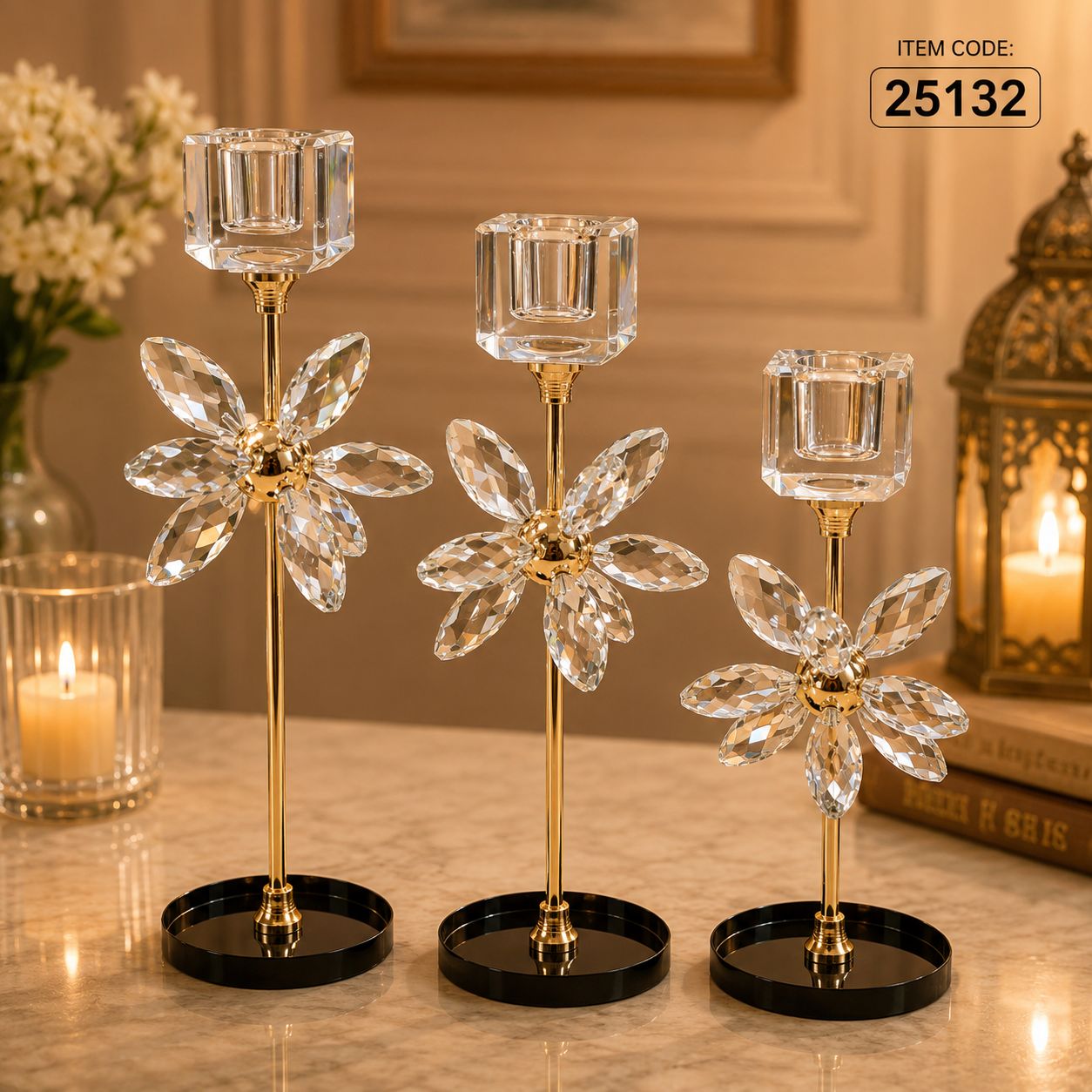 Crystal Flower Metal Candle Holder Set | Luxury Table Decor