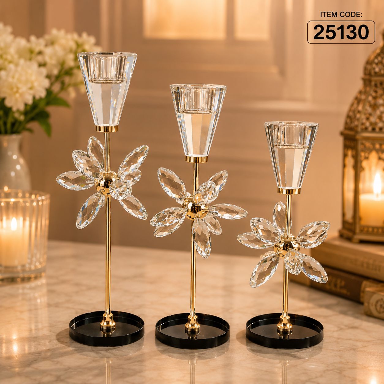 Crystal Flower Metal Candle Holder Set | Luxury Table Decor