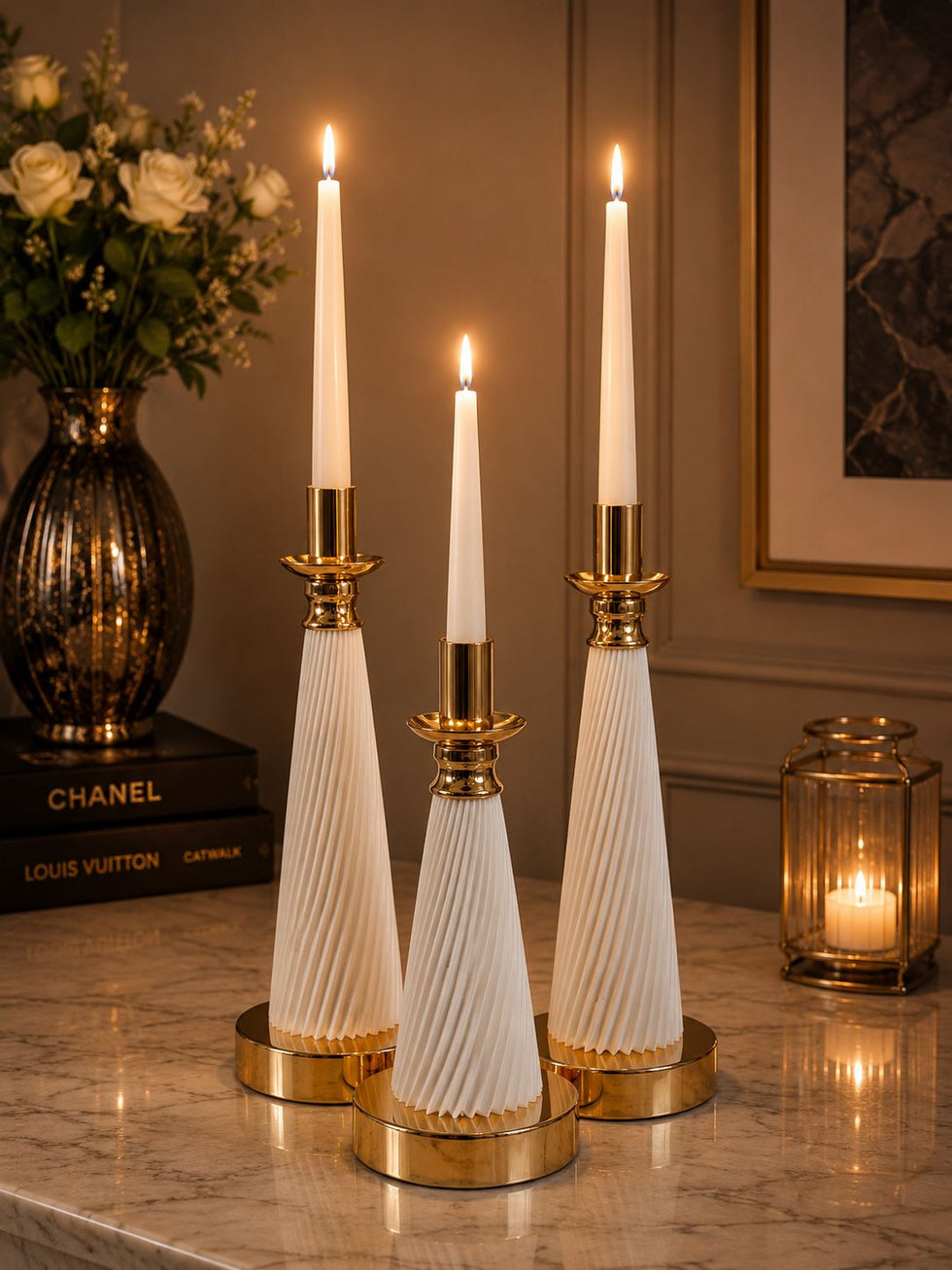 Premium Ribbed Cone Taper Candle Holder Set - Luxury Table Decor