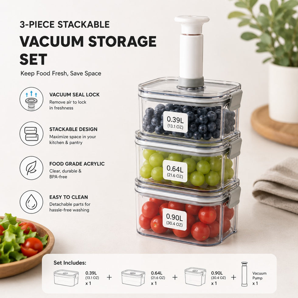 3-Piece Stackable Vacuum Sealed Acrylic Container Set with Pump