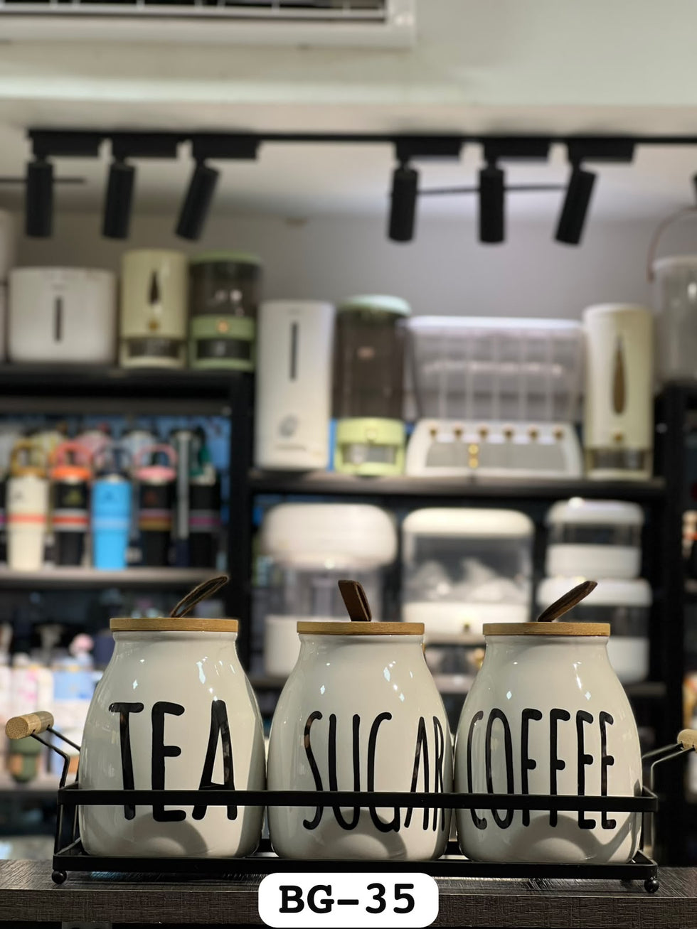 Ceramic 3Pcs Jar Set - Tea Sugar Coffee - Airtight With Metal Stand