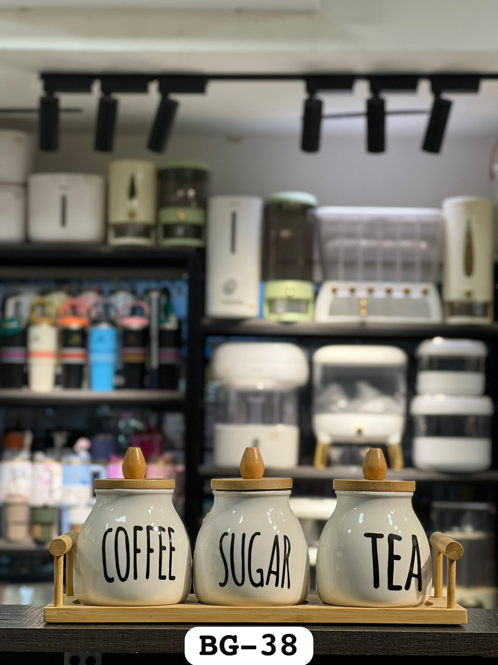 Ceramic Coffee Sugar Tea Jar Set with Bamboo Tray