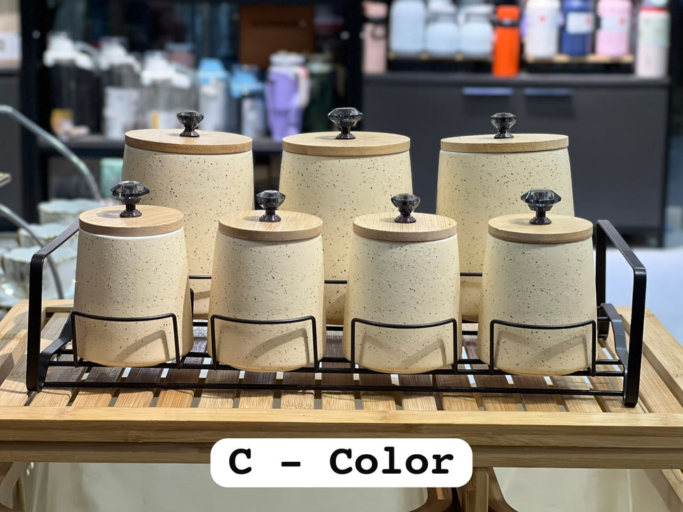 Ceramic 7Pcs Jar Set with Metal Stand