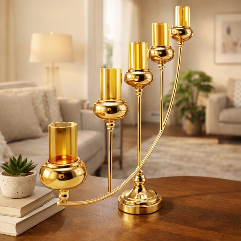 Luxury 5-Cup Curved Gold Candelabra - Elegant Candle Stand