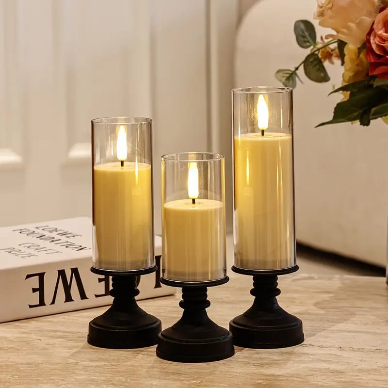 Premium 3-Piece Flameless LED Candle Set with Glass Hurricanes