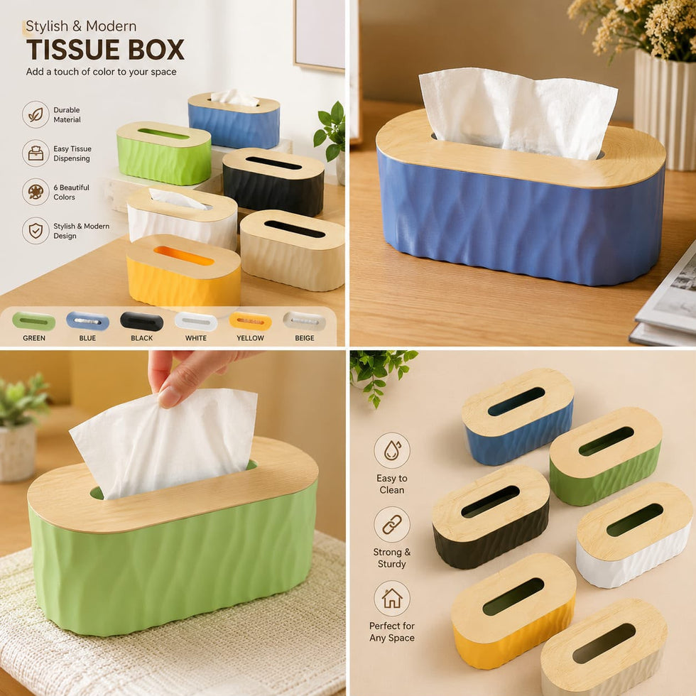 Stylish Modern Tissue Box with Wooden Lid Top (Random Colors)