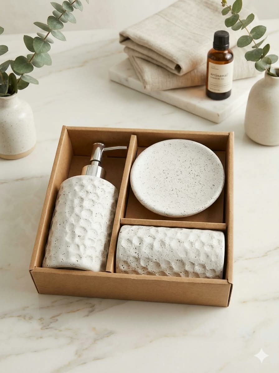 3-Piece Ceramic Bathroom Set – Soap Dispenser, Dish & Tumbler