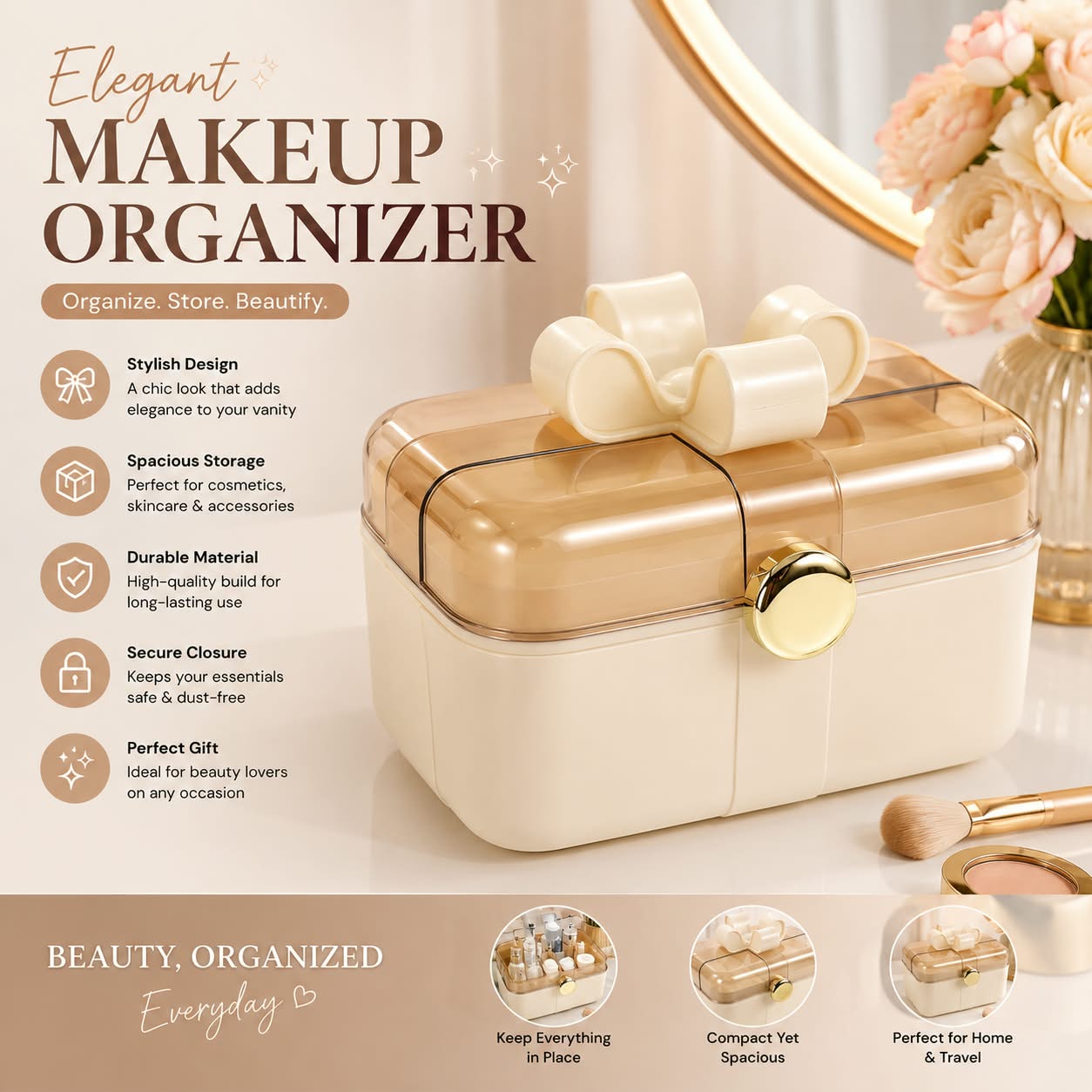 Elegant Makeup Organizer with Lid & Gold Clasp
