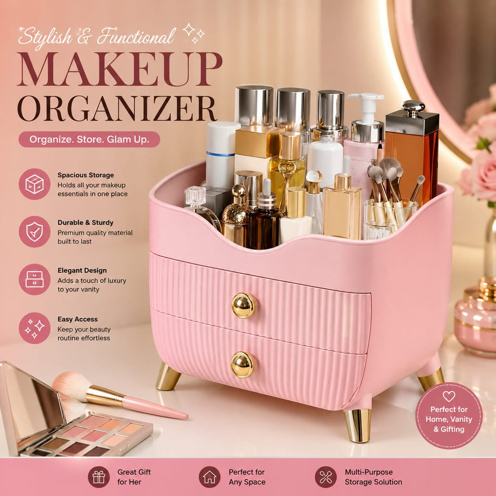 Makeup Organizer with 2 Drawers & Gold Legs – Pink