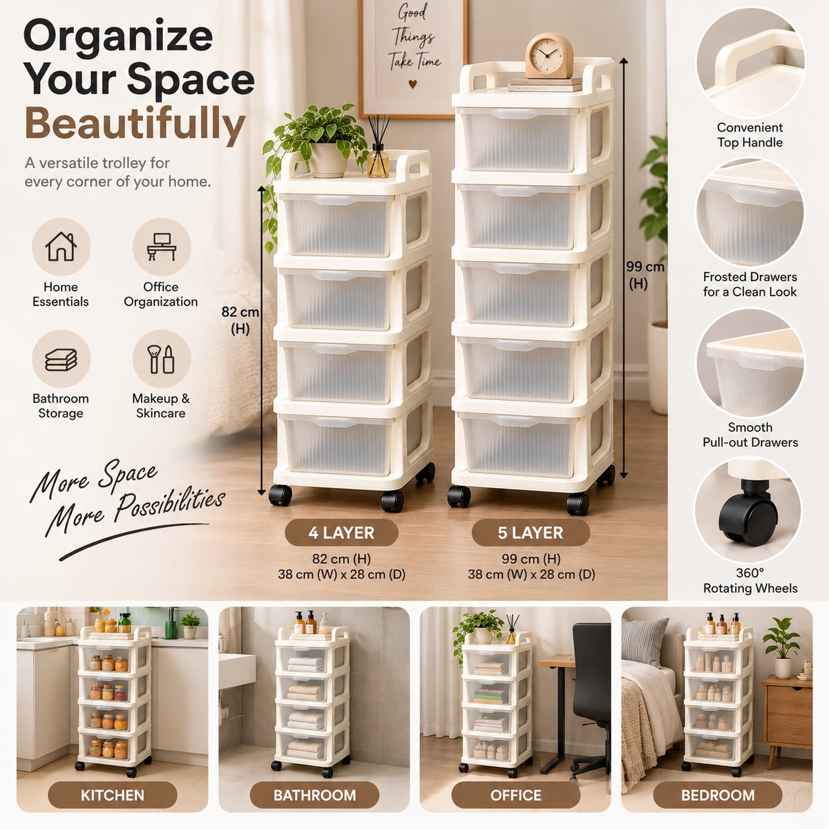 Premium Tier Rolling Drawer Storage Trolley