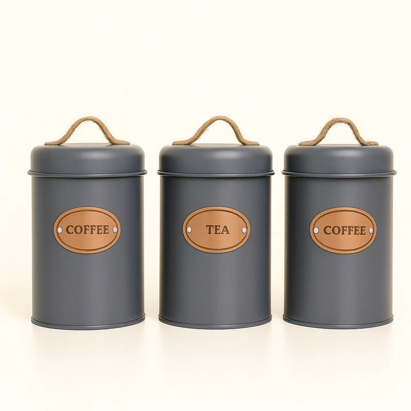3Pc Rustic Grey Canister Set – Vintage Metal Kitchen Storage Jars