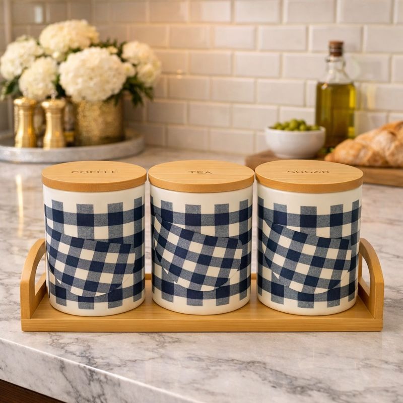 3Pc Classic Checkered Ceramic Jars – Tea, Coffee, and Sugar Canister Set with Bamboo Tray