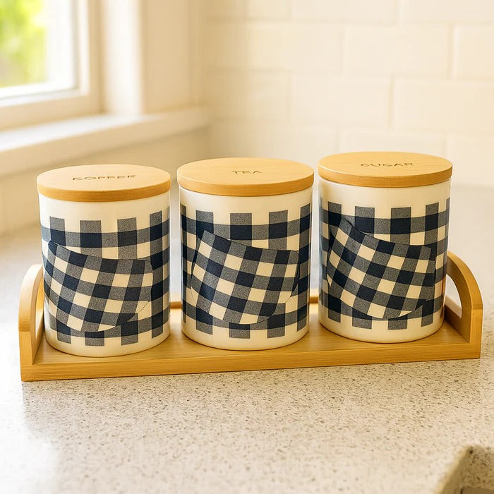 3Pc Classic Checkered Ceramic Jars – Tea, Coffee, and Sugar Canister Set with Bamboo Tray