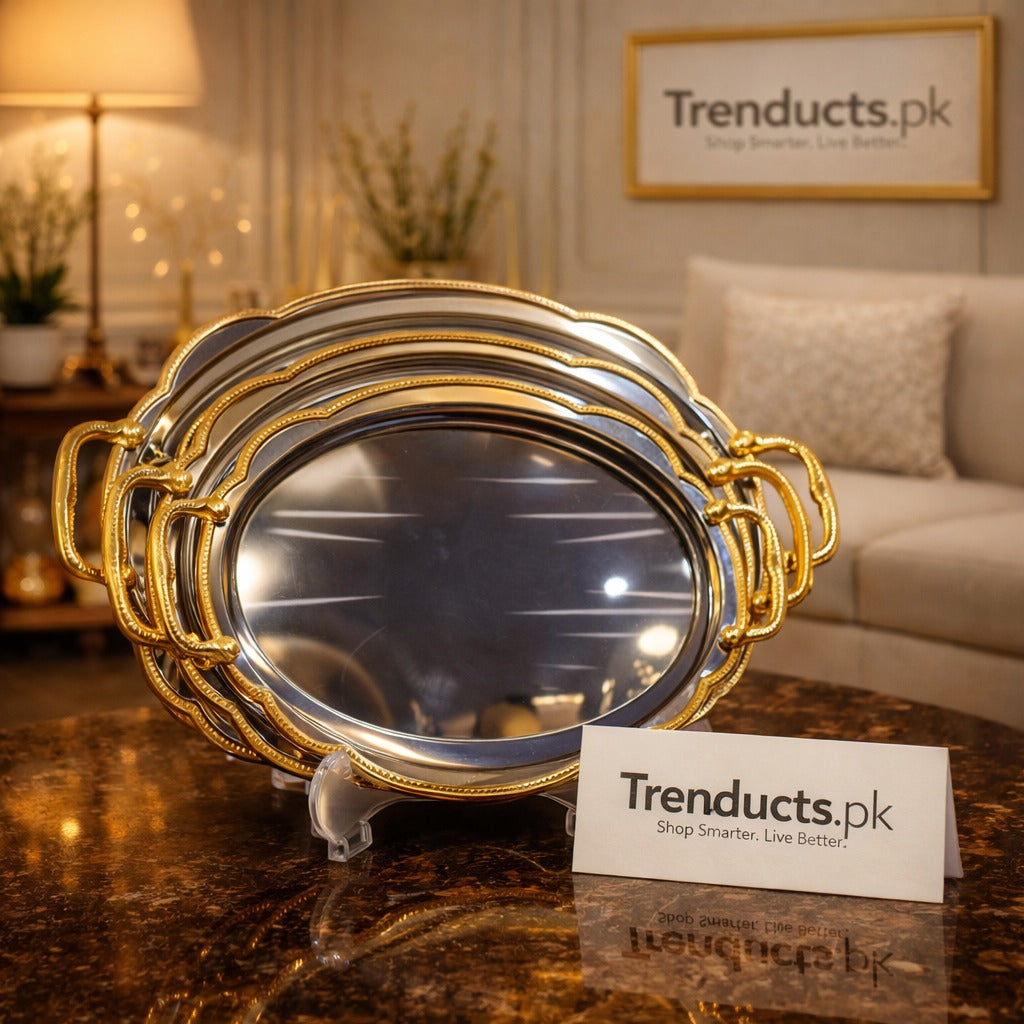 Triple-Tiered Chrome Trays with Embossed Gold Border