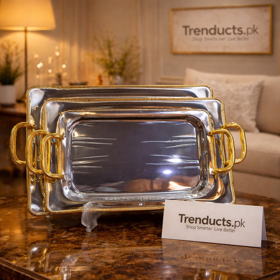 Triple-Tiered Chrome Trays with Embossed Gold Border