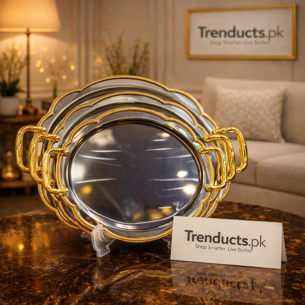 Triple-Tiered Chrome Trays with Embossed Gold Border