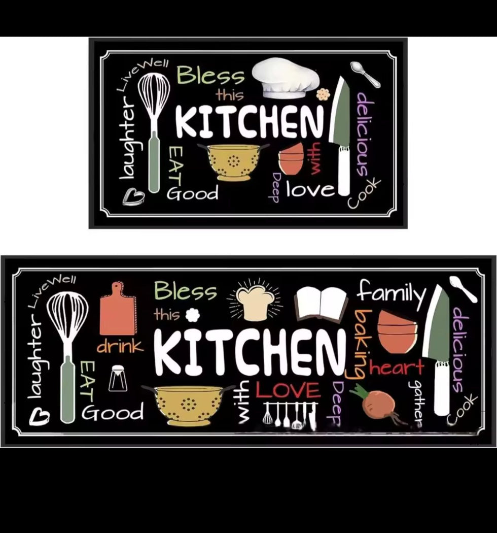 2pc Bless This Kitchen Runner Set – Non-Slip Mats (Random design)