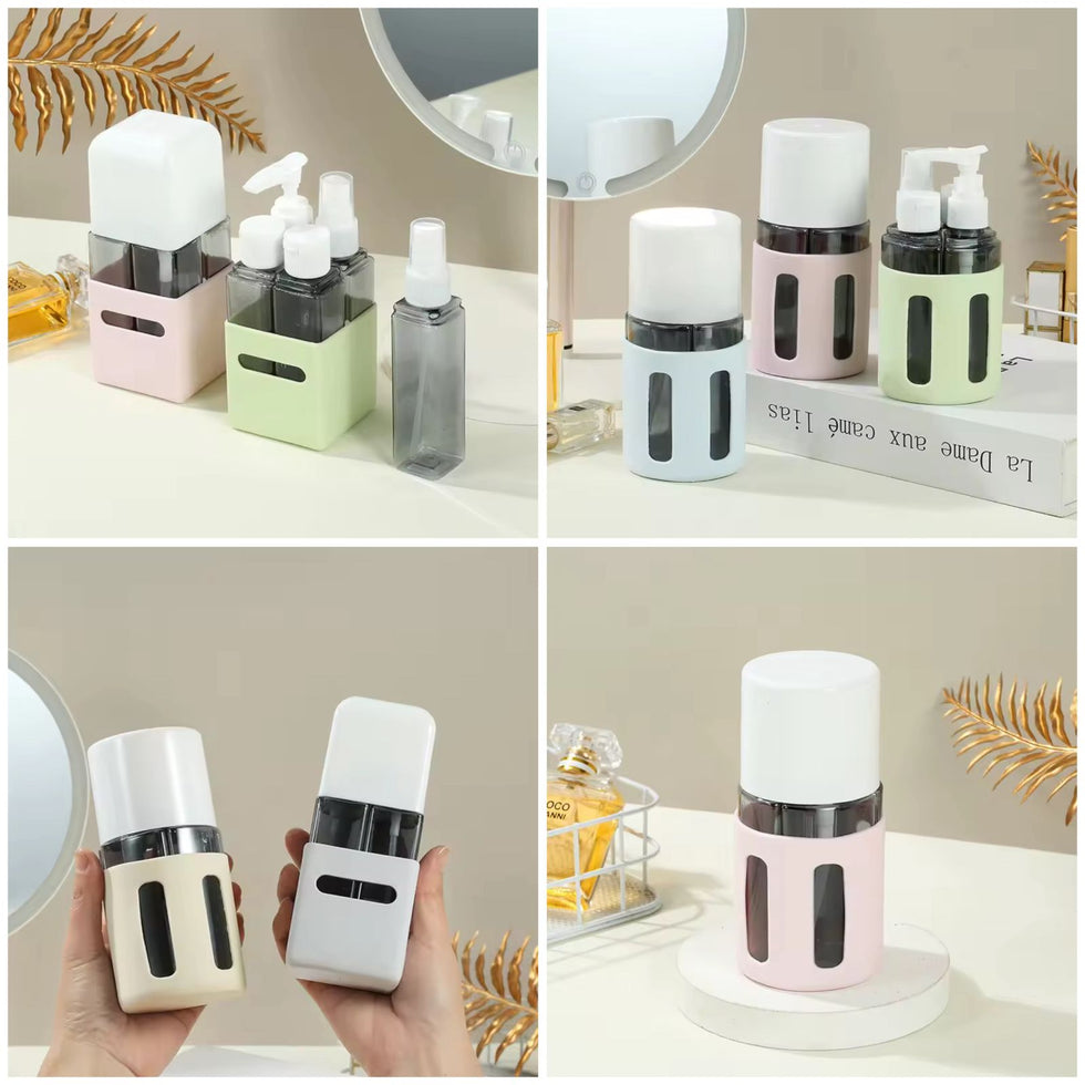 4-in-1 Rotating Travel Bottle Set – 60ml Refillable Leak-Proof Toiletry Kit