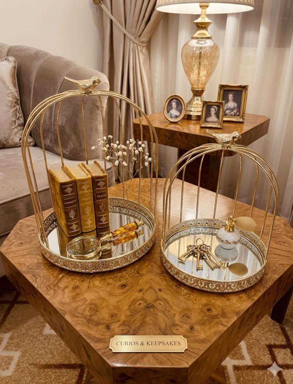 Luxury Birdcage Mirrored Tray Set - 2 Piece Imported Collection