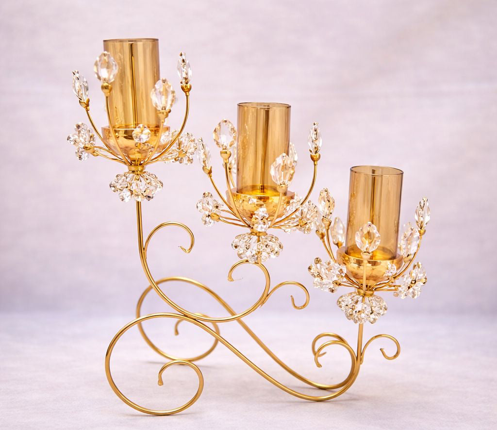 Luxury 3-Piece Crystal Goblet Metal Candle Stand Set