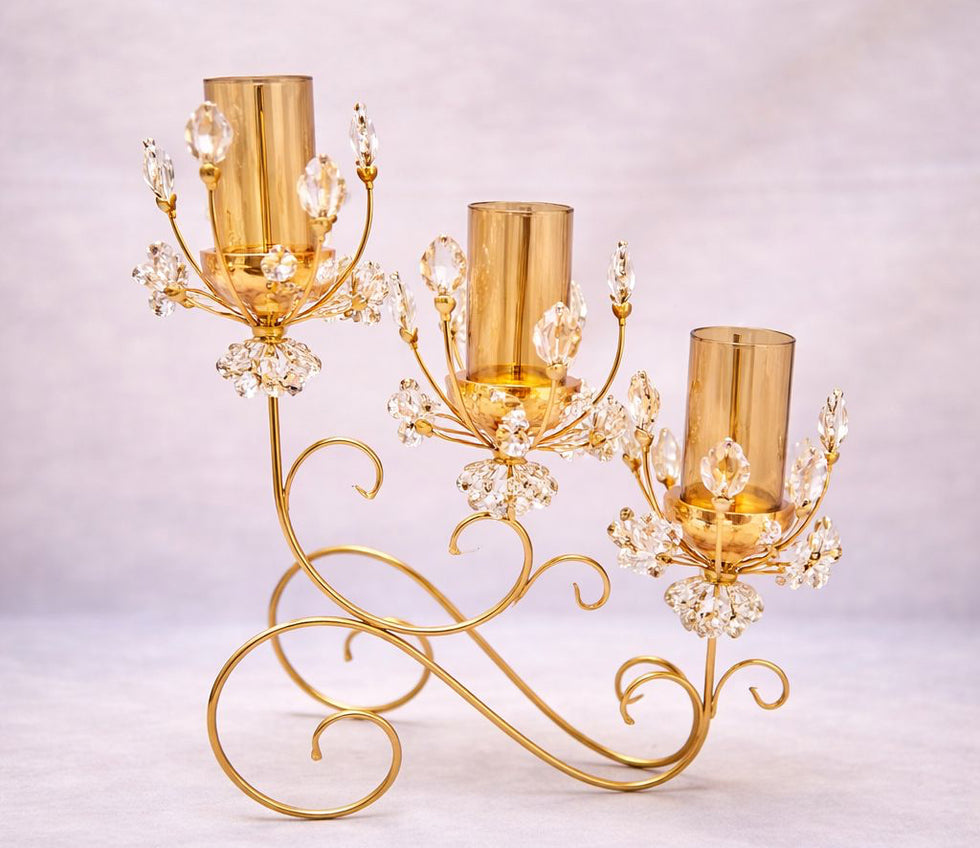 Luxury 3-Piece Crystal Goblet Metal Candle Stand Set
