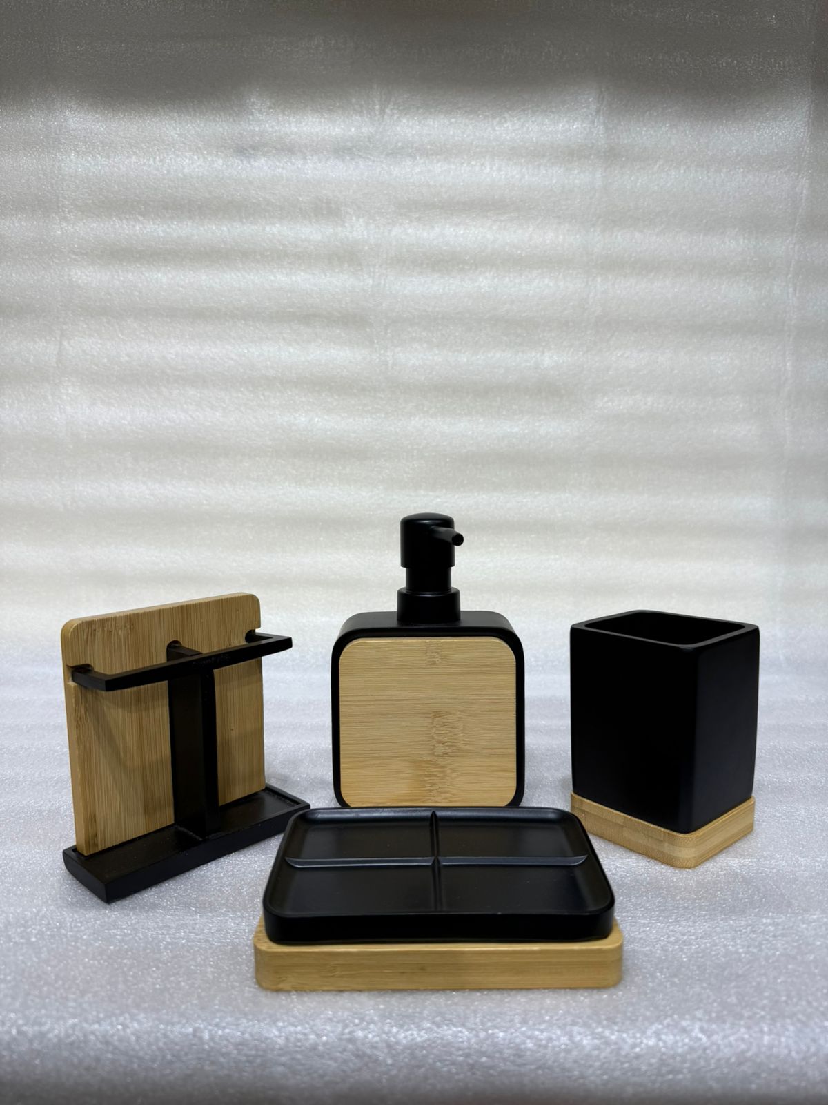 4-Piece Bathroom Accessory Set – Premium Matte Black Resin & Natural Bamboo Wood Dispenser, Toothbrush Stand, Tumbler, and Soap Dish