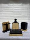 4-Piece Bathroom Accessory Set – Premium Matte Black Resin & Natural Bamboo Wood Dispenser, Toothbrush Stand, Tumbler, and Soap Dish