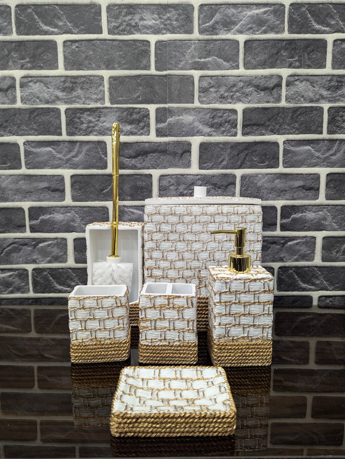 Luxury 6-Piece Ceramic Bathroom Accessory Set – Complete Vanity & Floor Suite with Trash Can and Toilet Brush