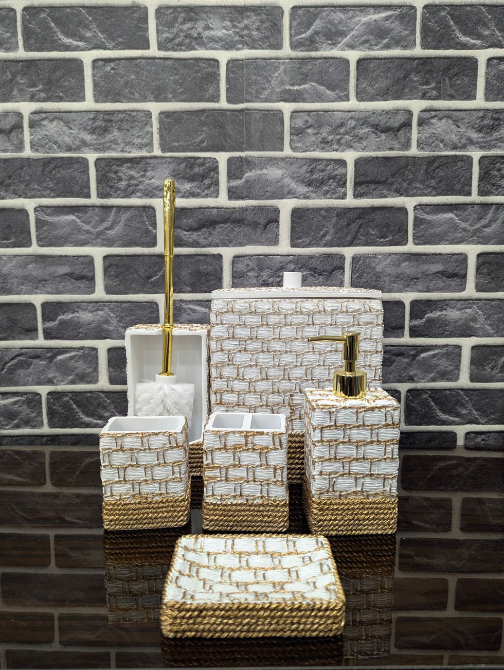 Luxury 6-Piece Ceramic Bathroom Accessory Set – Complete Vanity & Floor Suite with Trash Can and Toilet Brush