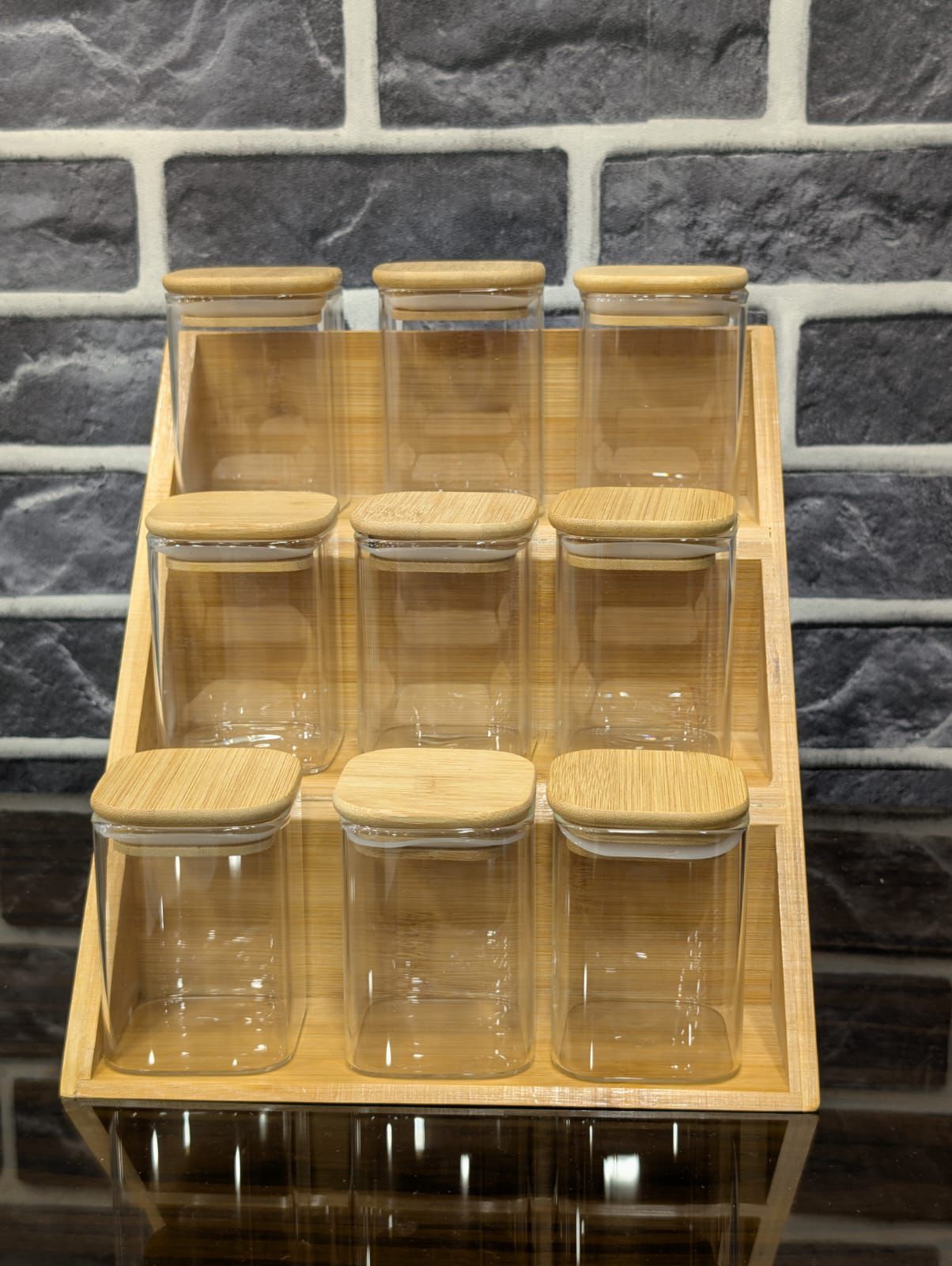 3-Tier Bamboo Spice Rack & 9 Glass Jars