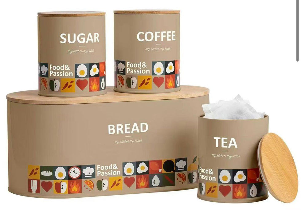 "Food & Passion" 4-Piece Kitchen Canister & Bread Box Set