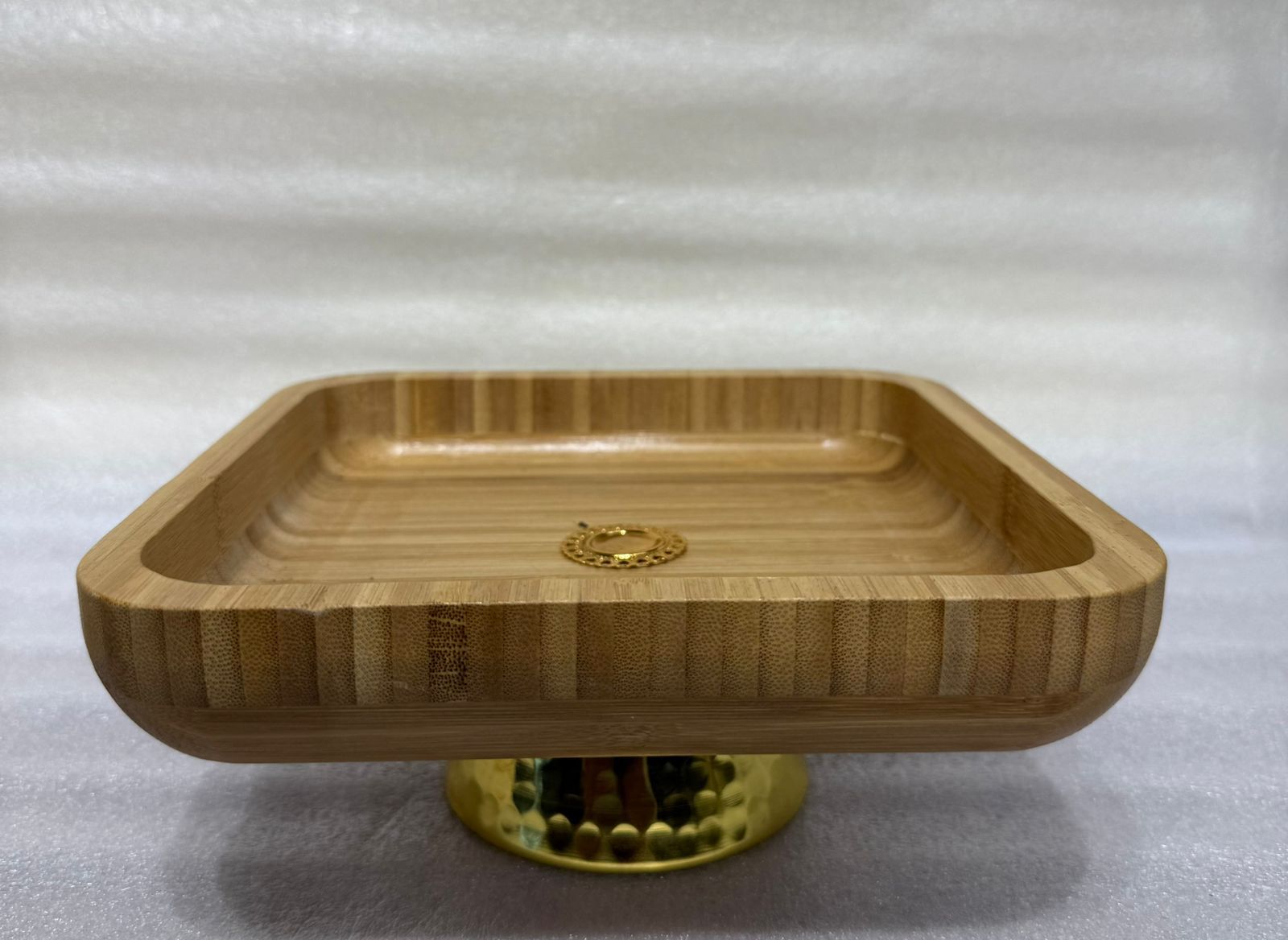 Square Pedestal Bamboo Serving Platter with Hammered Gold Base