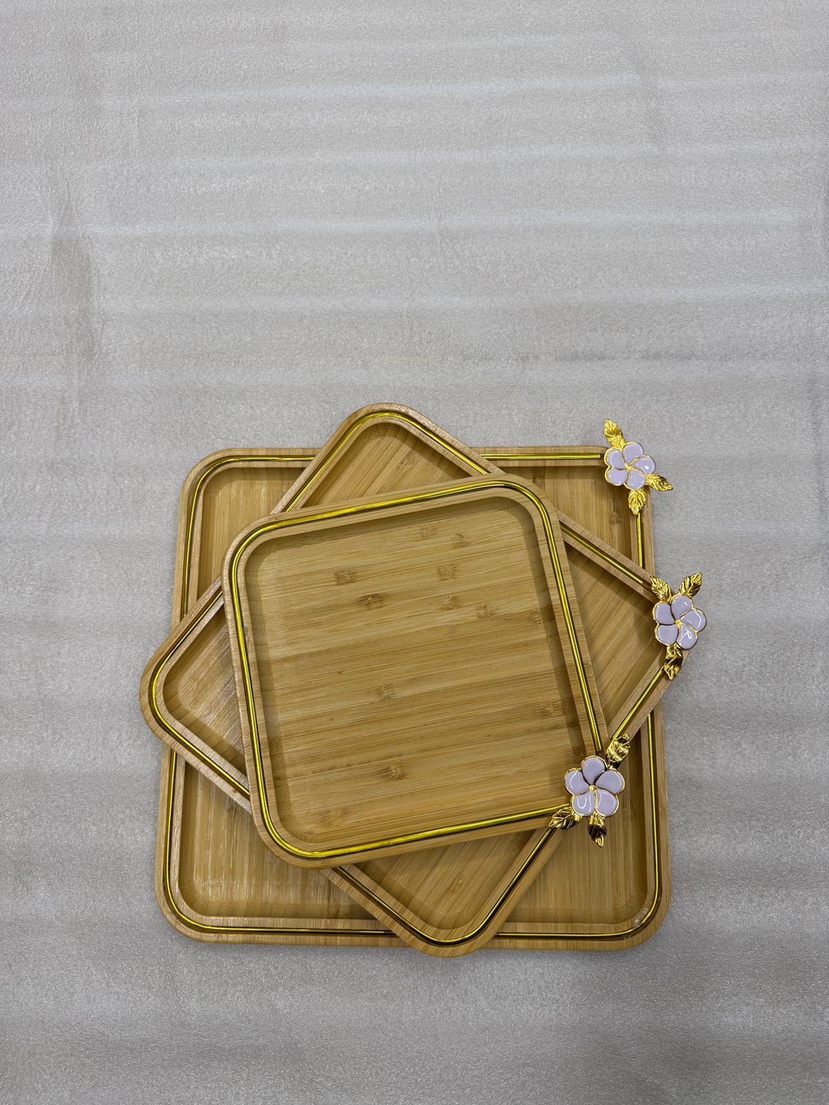 Premium 3-Piece Rectangular Bamboo Tray Set with Floral Accents